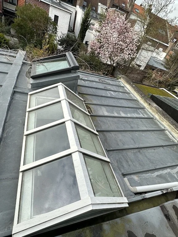 L'ancienne verrière en fer et vitraux vue de l'intérieur / le nouveau puits de lumière vu depuis le toit — avant